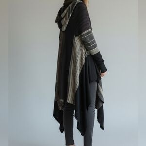 Open-Front Hooded Black & Gray Drape Cardigan Sweater